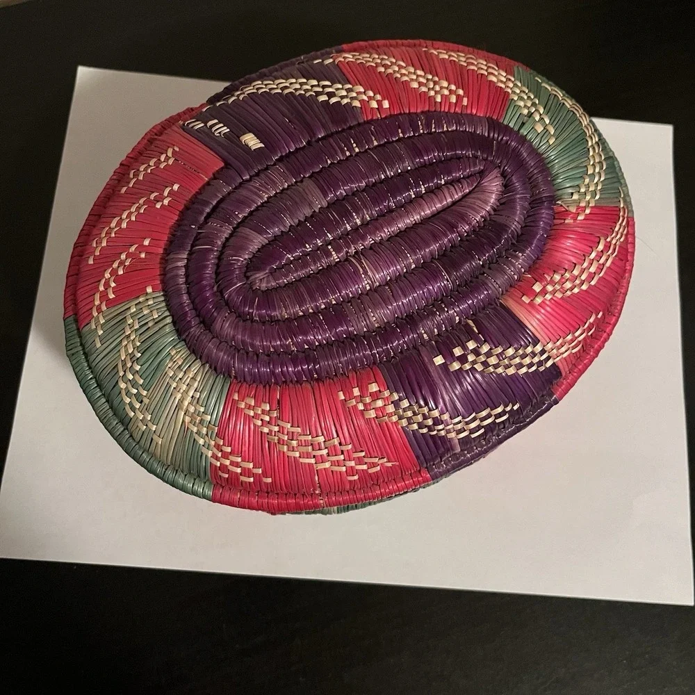 VTG Ethiopian Woven Basket Small Lidded Trinket Jewelry Box Coiled Seagrass Boho